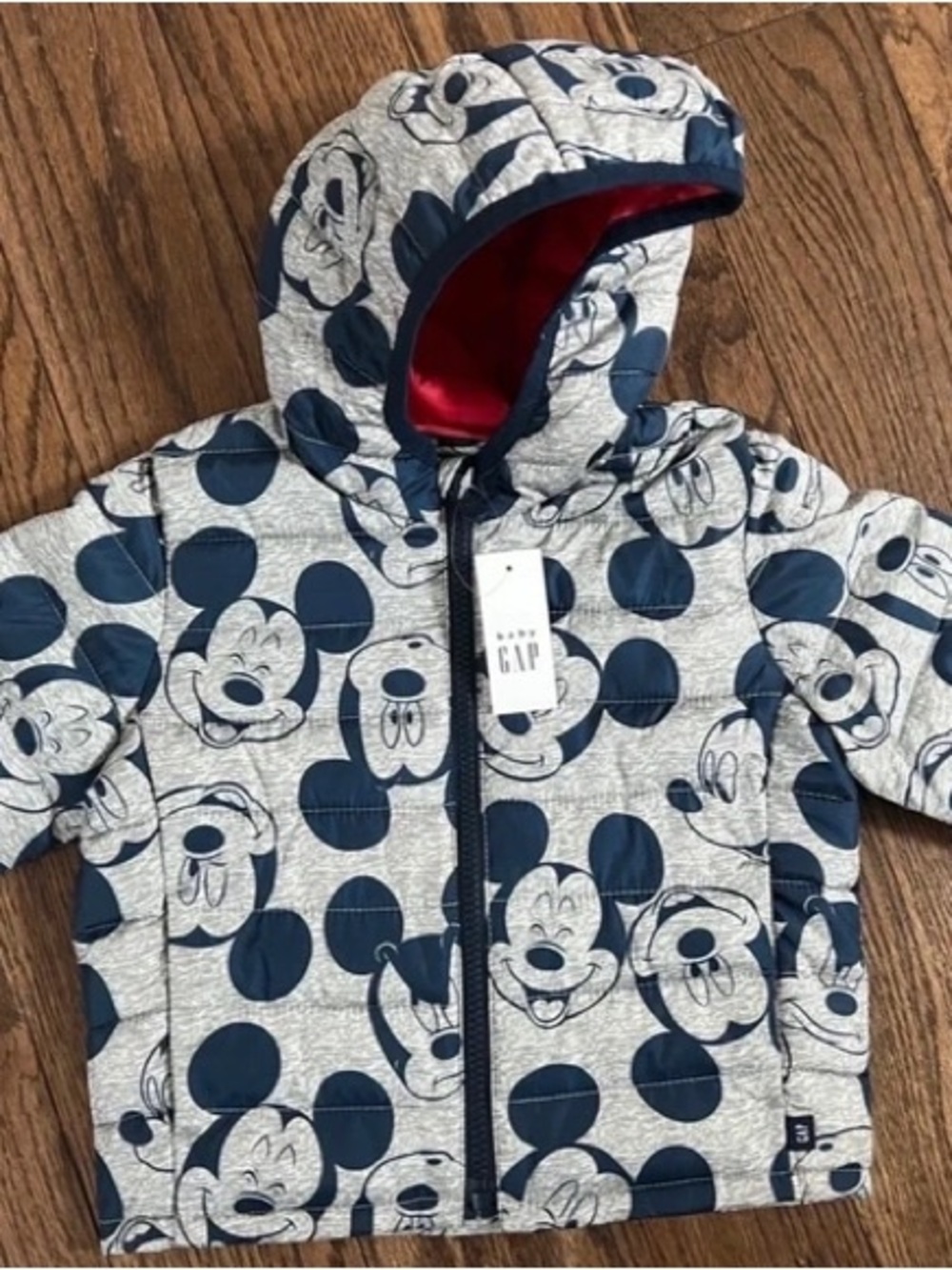 GAP Kids Navy & Gray Mickey Mouse Quilted Hoodie with Red Lining
